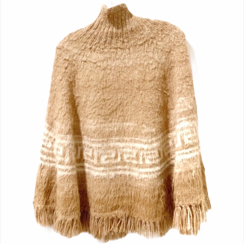 VINTAGE 70’s Camel Tan Mohair Poncho Aztec - Picture 3 of 6